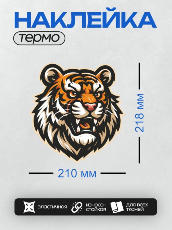 Термонаклейка на одежду DTF / Мультяшная голова тигра с яркими оранжевыми полосами.