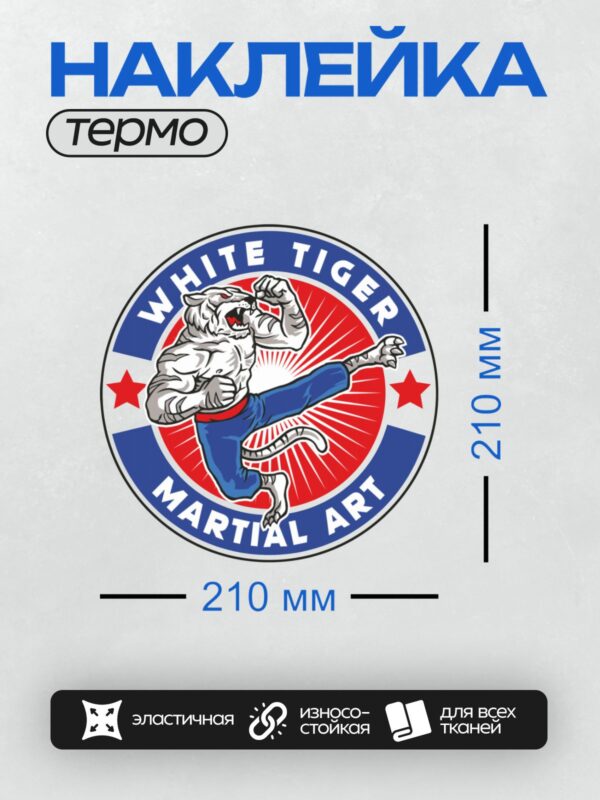 Термонаклейка на одежду DTF / Белый тигр в кимоно выполняет удар ногой.