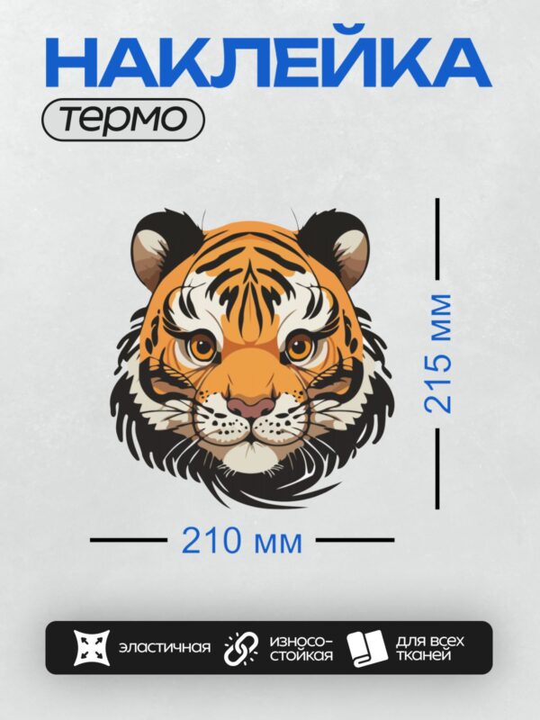 Термонаклейка на одежду DTF / Мультяшный тигр с большими глазами и яркими полосами.