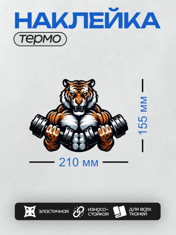 Термонаклейка на одежду DTF / Мускулистый тигр с штангой в стиле мультфильма.