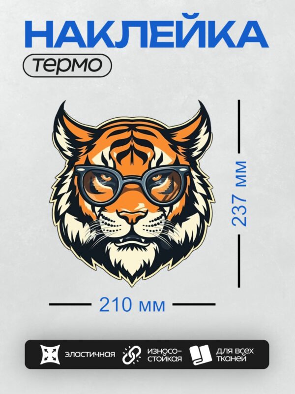 Термонаклейка на одежду DTF / Мультяшный тигр в очках с уверенным взглядом.