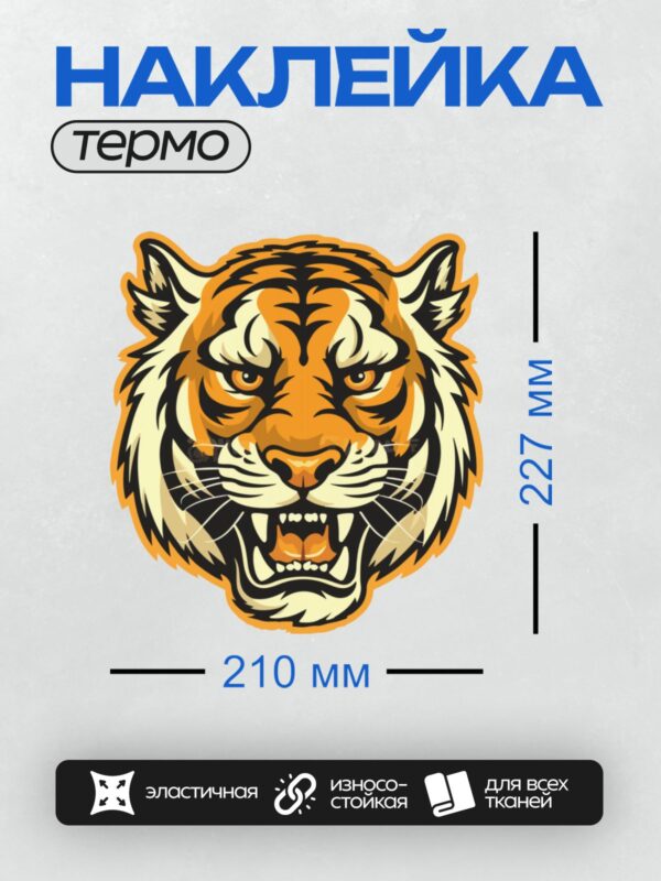 Термонаклейка на одежду DTF / Мультяшный тигр с яркими полосами и грозным взглядом.