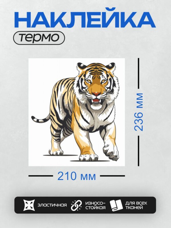 Термонаклейка на одежду DTF / Мультяшный тигр с яркими полосами и грозным взглядом.