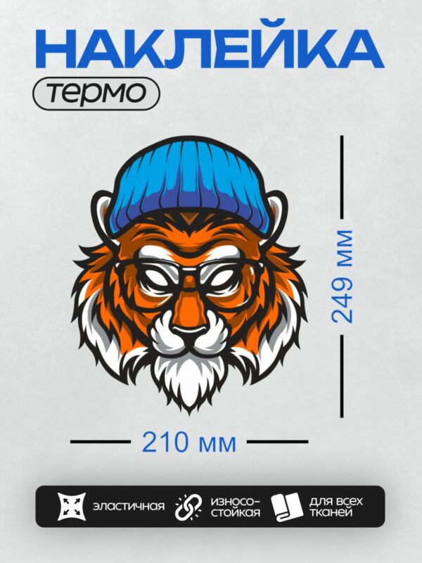 Термонаклейка на одежду DTF / Мультяшный тигр в синей шапке и очках.