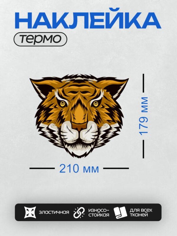 Термонаклейка на одежду DTF / Мультяшная голова тигра с яркими оранжевыми полосами.