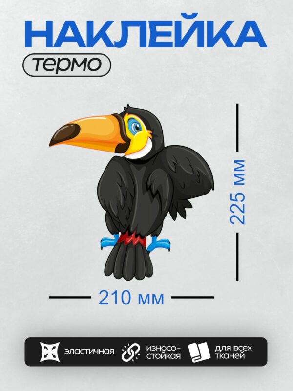 Термонаклейка на одежду DTF / Мультяшный тукан с ярким клювом и большими глазами.