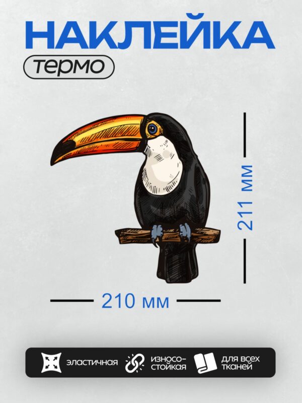 Термонаклейка на одежду DTF / Мультяшный тукан с ярким клювом и большими глазами.