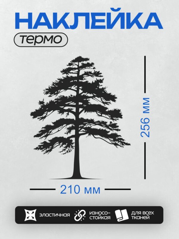Термонаклейка на одежду DTF / Черно-белый силуэт сосны с густой кроной.