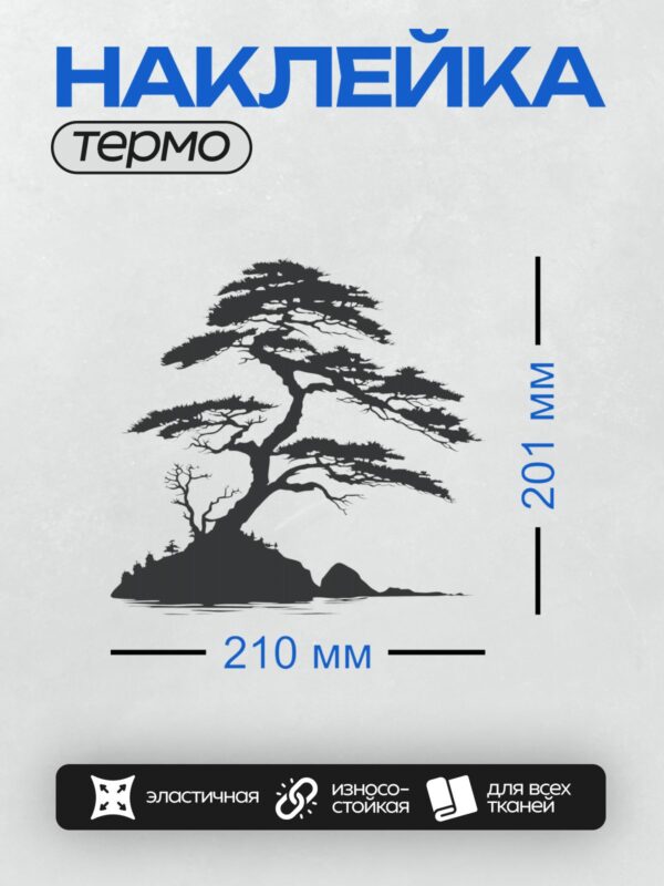 Термонаклейка на одежду DTF / Силуэт сосны на фоне воды и камней.