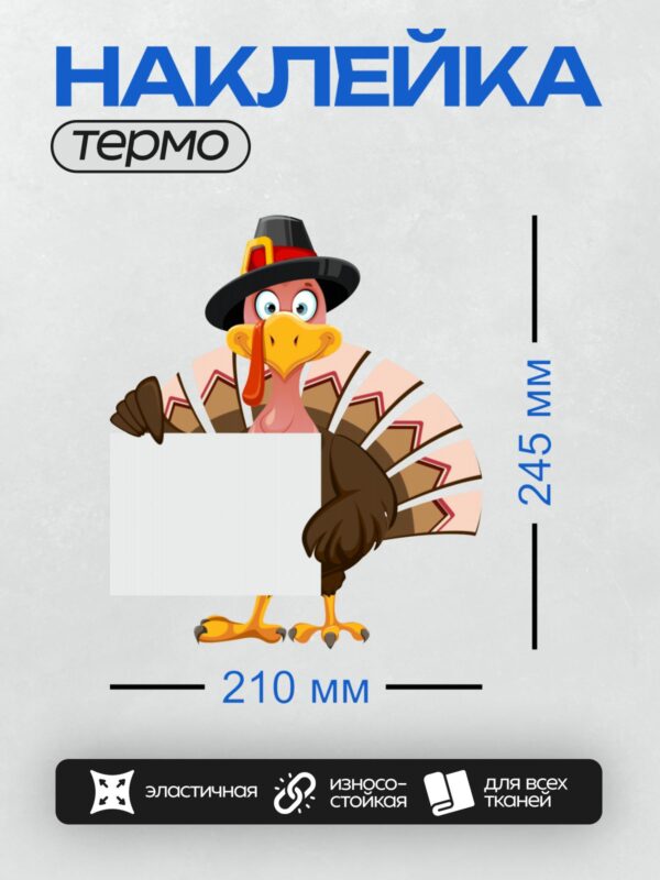 Термонаклейка на одежду DTF / Мультяшная индейка в шляпе пилигрима с пустым знаком.