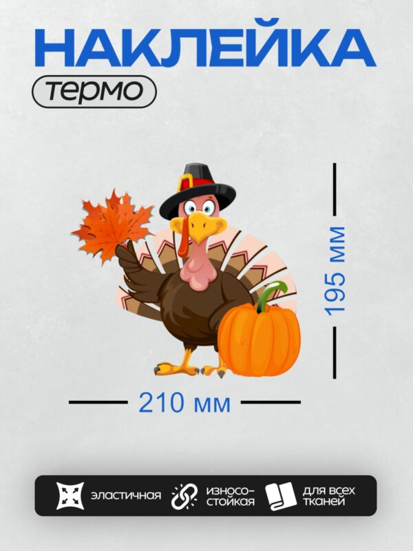 Термонаклейка на одежду DTF / Мультяшная индейка с тыквой и осенним листом.