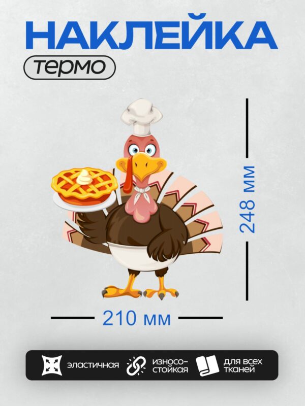 Термонаклейка на одежду DTF / Мультяшная индейка в колпаке держит пирог.