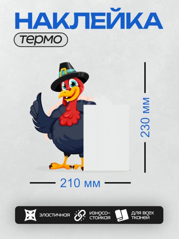 Термонаклейка на одежду DTF / Мультяшный индюк в шляпе пилигрима с плакатом.