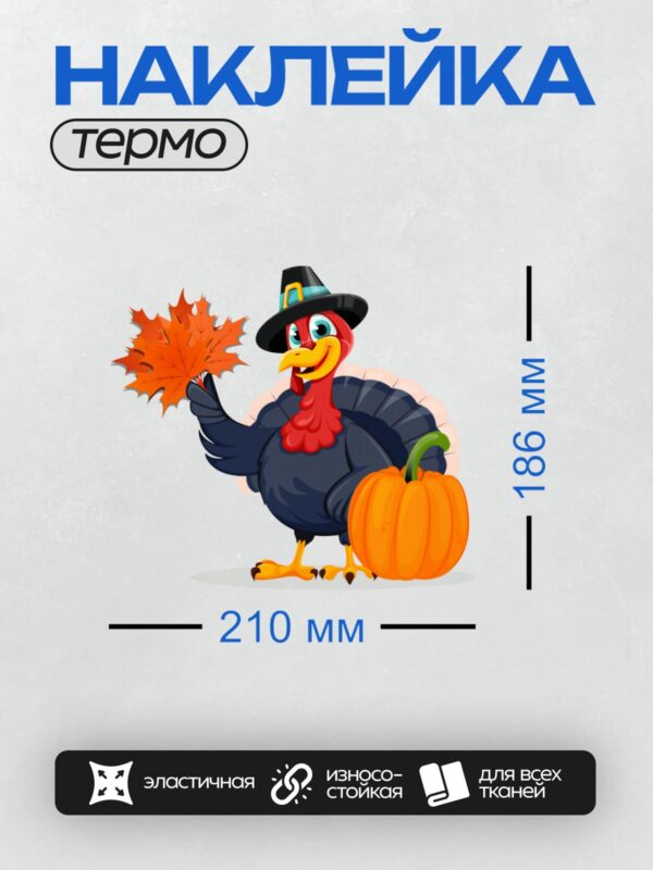 Термонаклейка на одежду DTF / Мультяшная индейка в шляпе пилигрима с тыквой и кленовым листом.