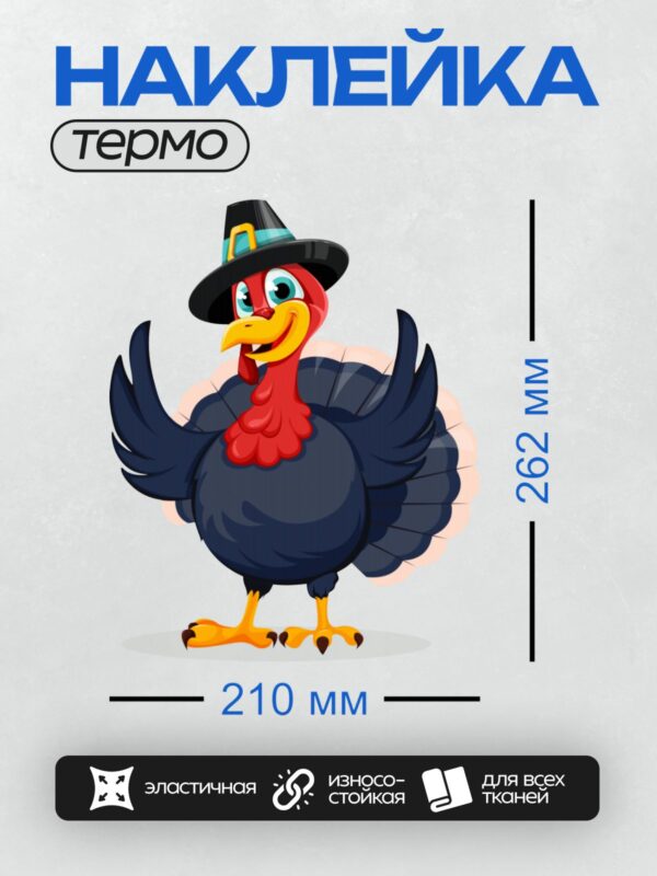 Термонаклейка на одежду DTF / Мультяшный индюк в шляпе пилигрима, яркий и забавный.