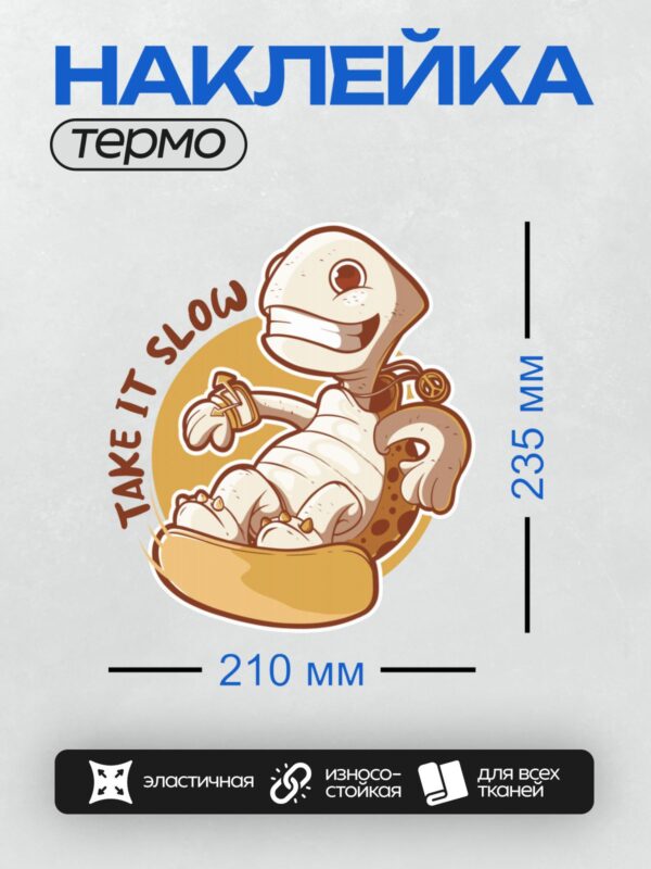 Термонаклейка на одежду DTF / Мультяшная черепаха с надписью "Take It Slow".