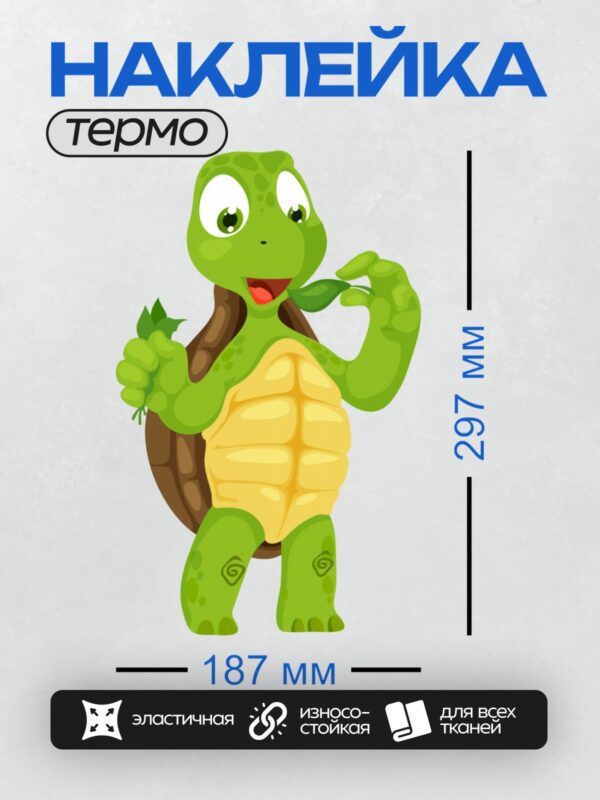 Термонаклейка на одежду DTF / Мультяшная черепаха с листьями в лапах.