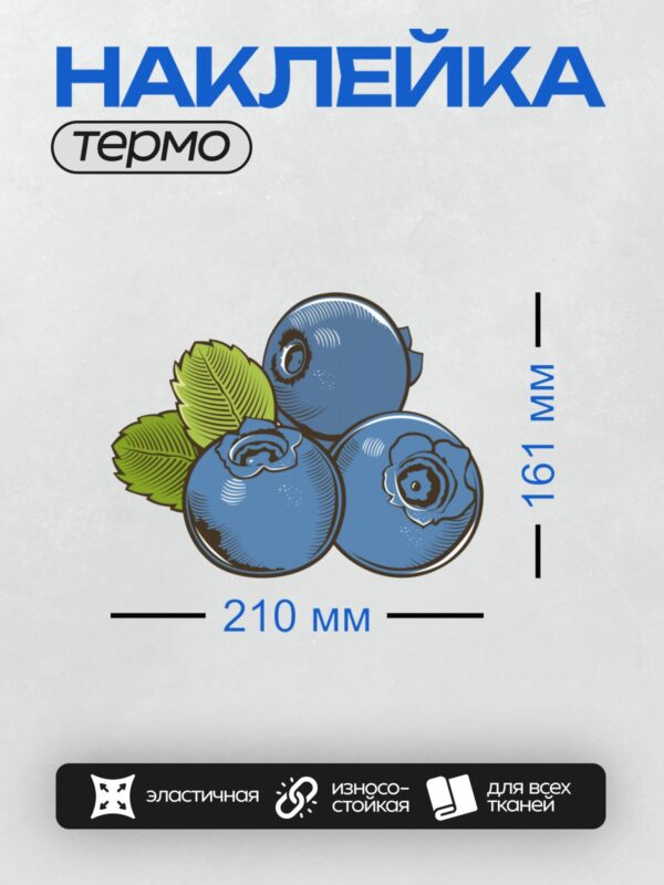 Термонаклейка на одежду DTF / Три ягоды голубики с зелёными листьями.
