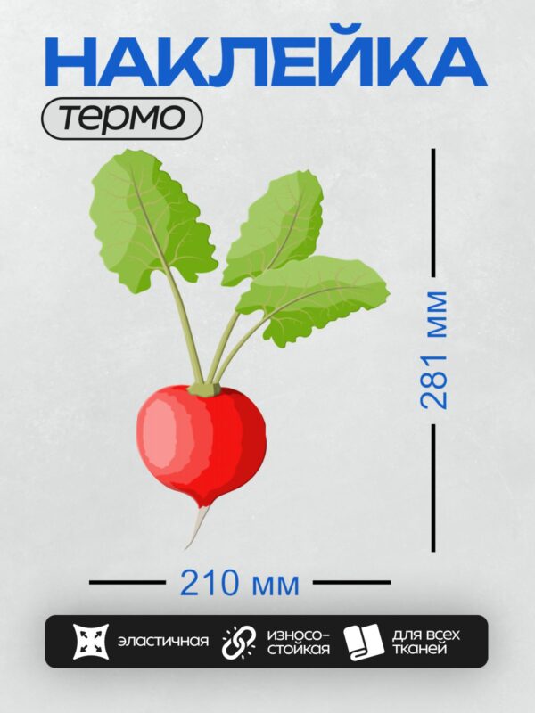 Термонаклейка на одежду DTF / Мультяшная редиска с яркими зелёными листьями.