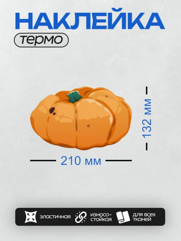 Термонаклейка на одежду DTF / Яркая оранжевая тыква с зелёным стеблем.