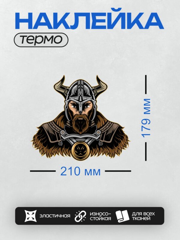 Термонаклейка на одежду DTF / Викинг в рогатом шлеме с бородой и медальоном.