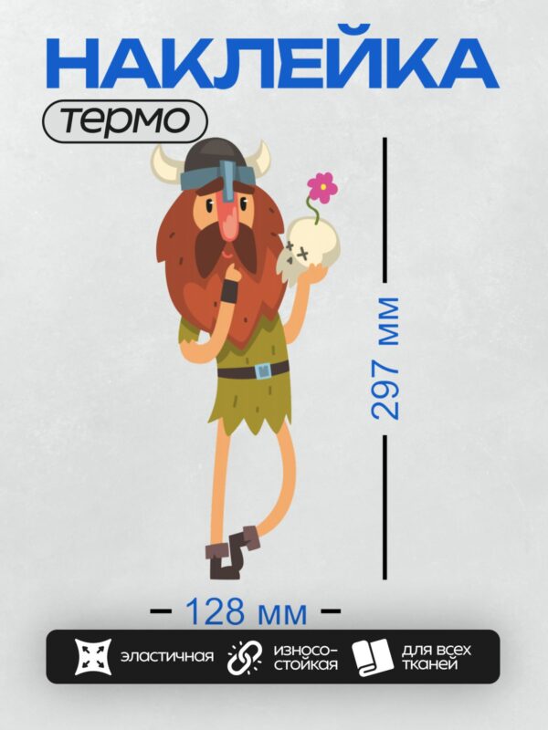 Термонаклейка на одежду DTF / Викинг с черепом и цветком, суровый взгляд.