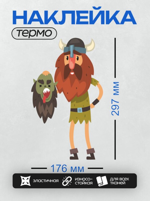 Термонаклейка на одежду DTF / Викинг с рогами держит голову врага.