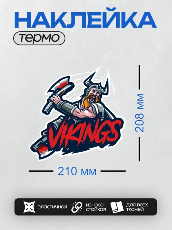 Термонаклейка на одежду DTF / Викинг с топором и надписью "VIKINGS".