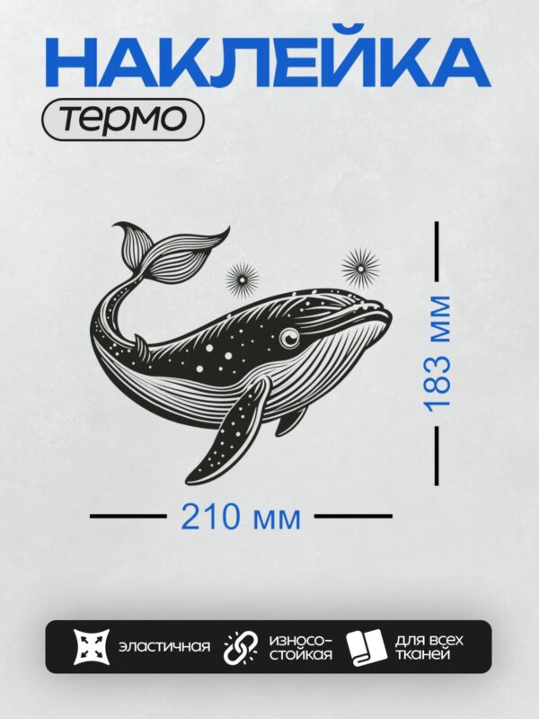 Термонаклейка на одежду DTF / Черно-белый кит с волнистыми линиями и звездами вокруг.