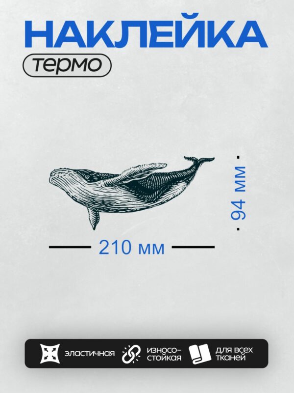 Термонаклейка на одежду DTF / Кит в стиле гравюры, детализированный рисунок.