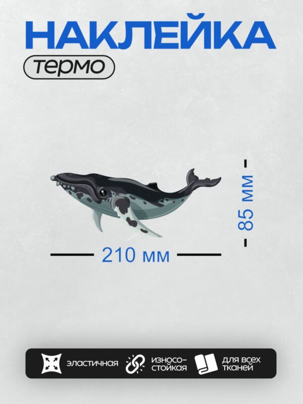 Термонаклейка на одежду DTF / Мультяшный кит с черными пятнами и дружелюбным взглядом.