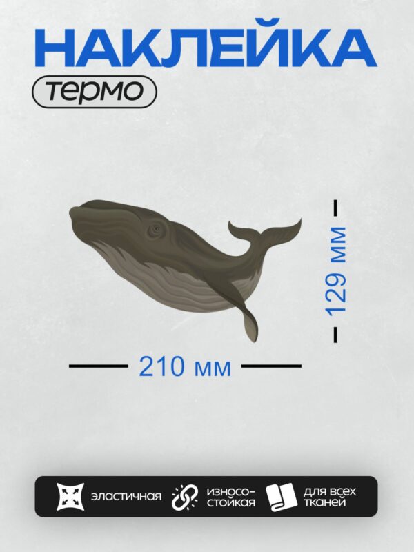 Термонаклейка на одежду DTF / Мультяшный кит в серых и коричневых тонах.