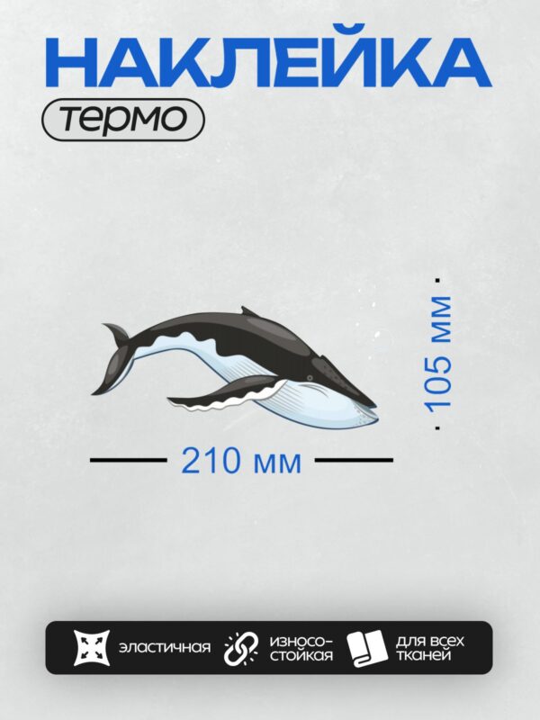 Термонаклейка на одежду DTF / Мультяшный кит с пузырями и плавниками.