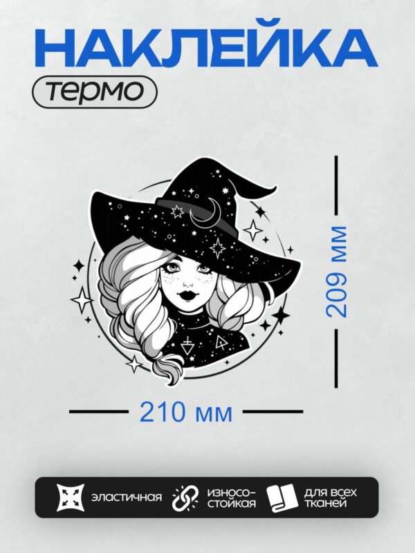 Термонаклейка на одежду DTF / Монохромная ведьма в шляпе с луной и звёздами.