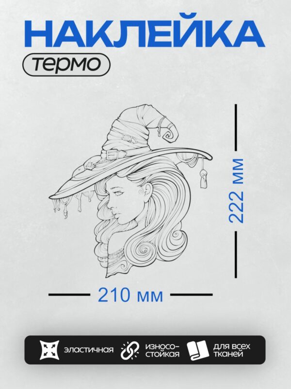 Термонаклейка на одежду DTF / Ведьма в шляпе с длинными волосами.