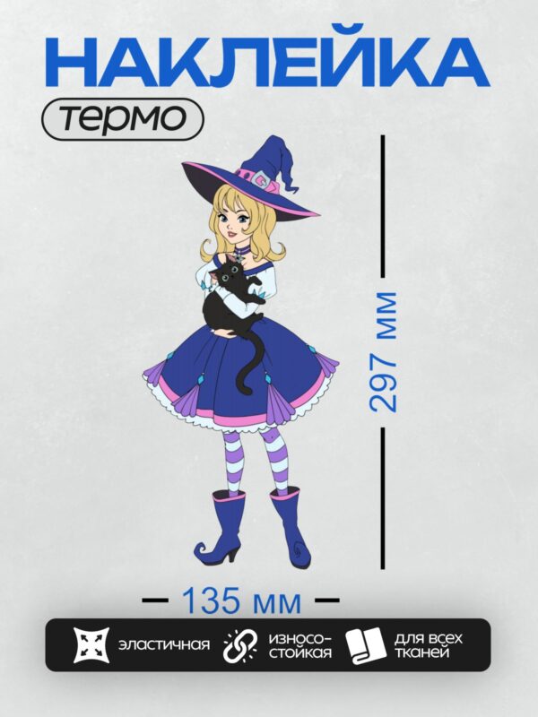 Термонаклейка на одежду DTF / Мультяшная ведьма с чёрной кошкой в шляпе.