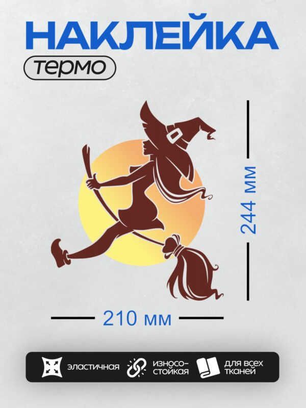 Термонаклейка на одежду DTF / Ведьма на метле в остроконечной шляпе на фоне луны.