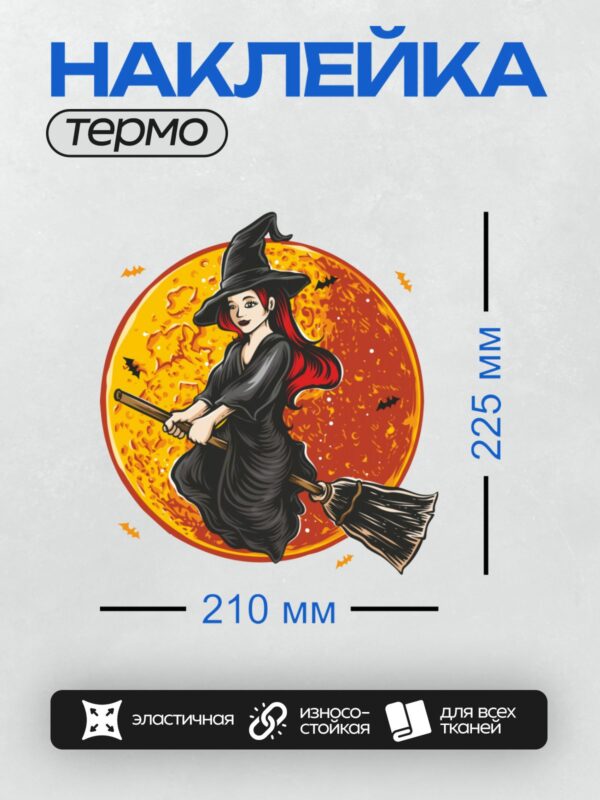 Термонаклейка на одежду DTF / Ведьма на метле на фоне полной луны и летучих мышей.