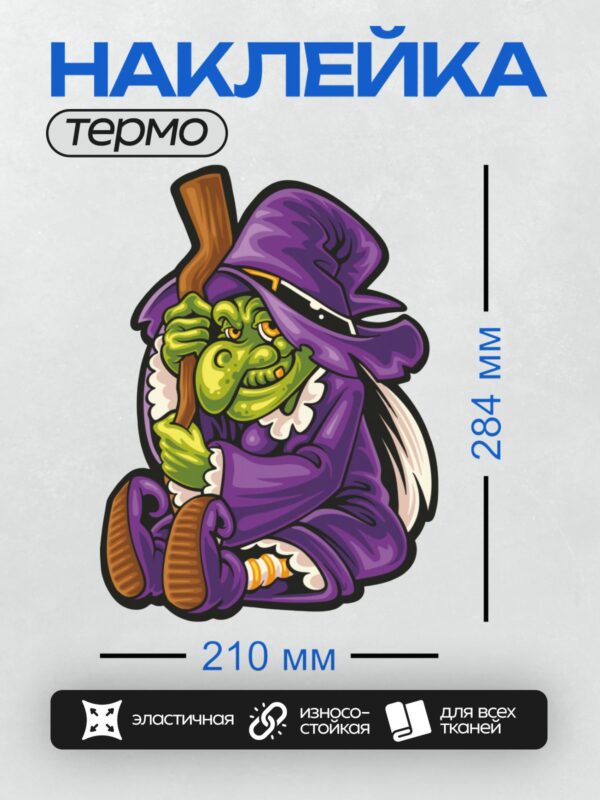 Термонаклейка на одежду DTF / Карикатурная ведьма с метлой, в фиолетовой шляпе и плаще, с зелёной кожей и озорным выражением лица.