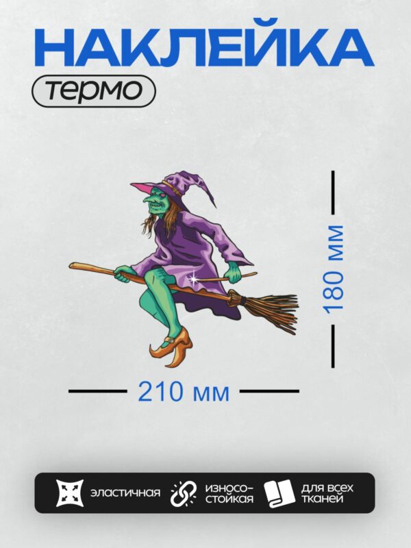 Термонаклейка на одежду DTF / Мультяшная ведьма на метле в фиолетовой шляпе.
