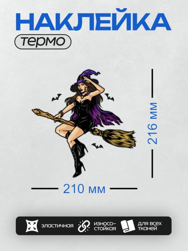 Термонаклейка на одежду DTF / Ведьма в стиле поп-арт на метле с летучими мышами.