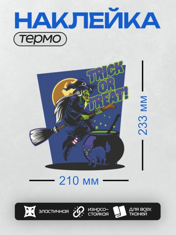Термонаклейка на одежду DTF / Мультяшная ведьма с метлой, кот и луна.