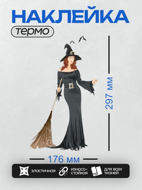 Термонаклейка на одежду DTF / Женщина в черном платье, с метлой и шляпой ведьмы.