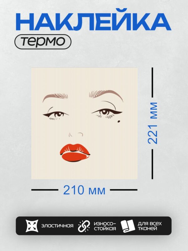 Термонаклейка на одежду DTF / Контурное лицо девушки с акцентом на губы и глаза.