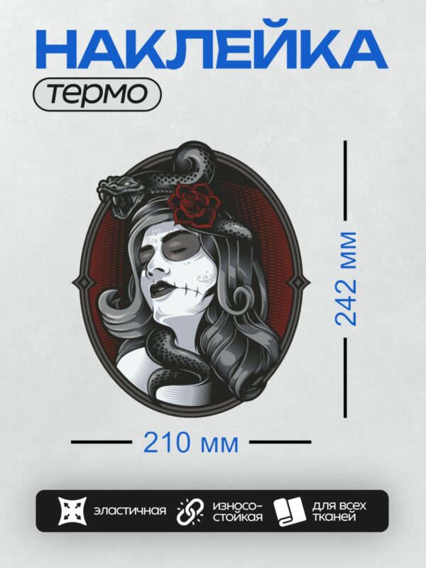 Термонаклейка на одежду DTF / Девушка в стиле Санта Муэрте с розой и змеей.