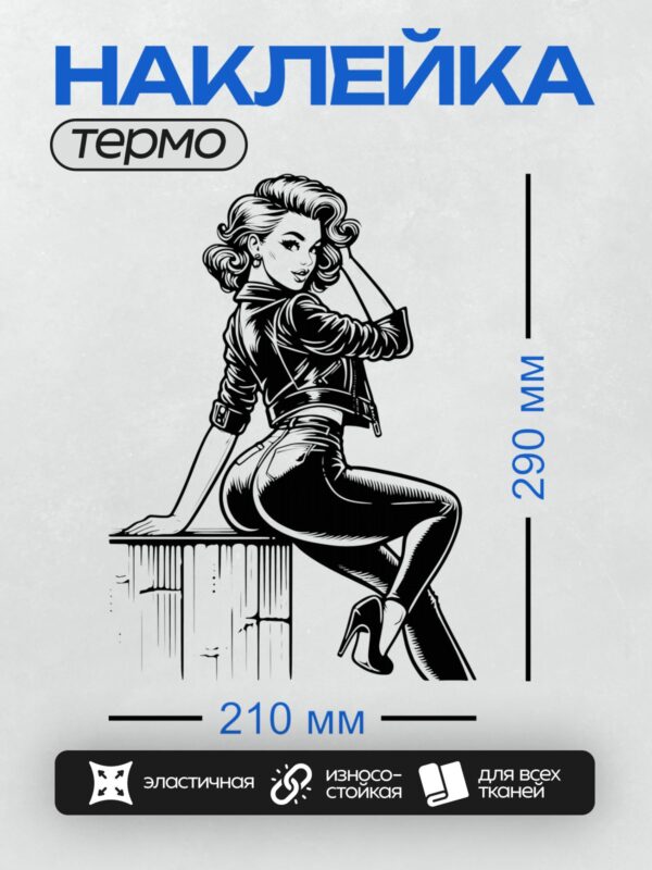 Термонаклейка на одежду DTF / Девушка в стиле пин-ап: кожаная куртка, каблуки, локоны.