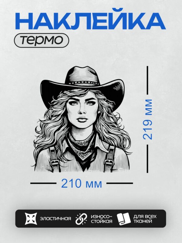 Термонаклейка на одежду DTF / Девушка в ковбойской шляпе, бандане и подтяжках.