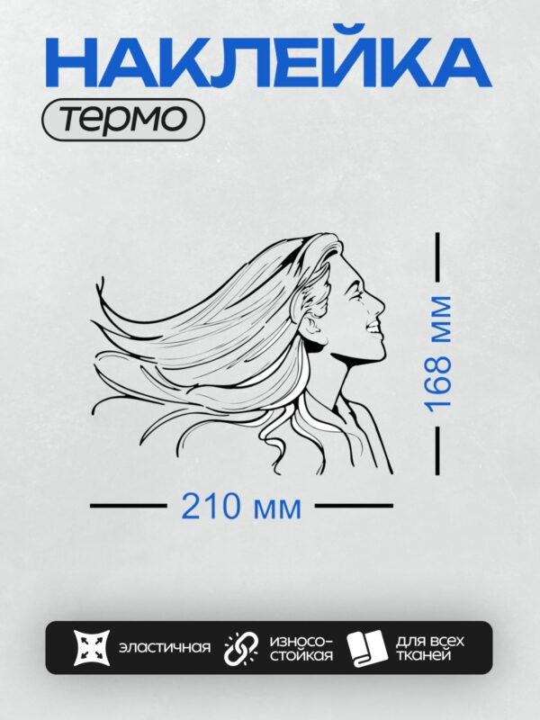 Термонаклейка на одежду DTF / Женский профиль с длинными развевающимися волосами.