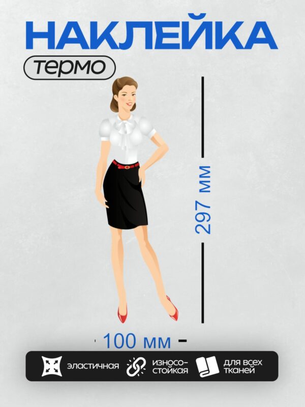 Термонаклейка на одежду DTF / Женщина в офисном стиле: белая блузка, черная юбка, красные туфли.