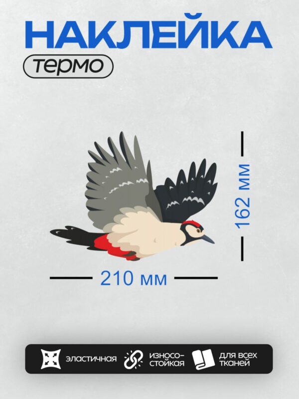 Термонаклейка на одежду DTF / Стилизованный дятел в полёте с расправленными крыльями.